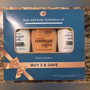 OGX Coconut Coffee Scrub & Coconut Milk Hair Shampoo/Conditioner Hydration Set